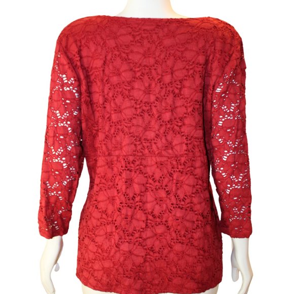 Burgundy Red 3/4 Sleeve Lace V Neck Shirt Blouse - Picture 5 of 6
